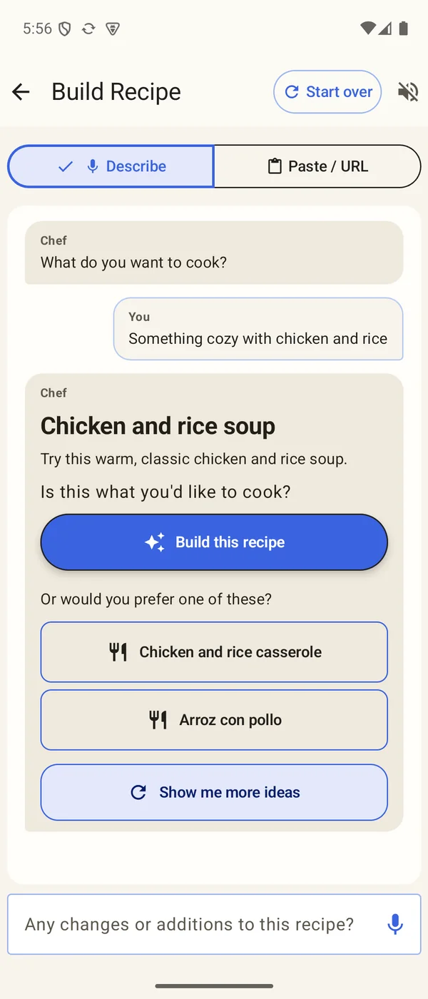 Build Recipe: Chef suggests chicken and rice soup, with a Build this recipe button and other ideas