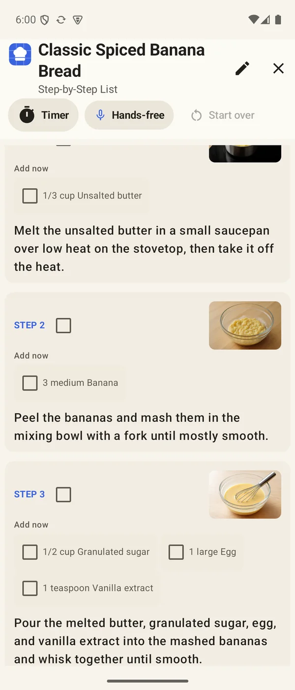 Step-by-step list with Timer and Hands-free buttons, and a photo beside each step