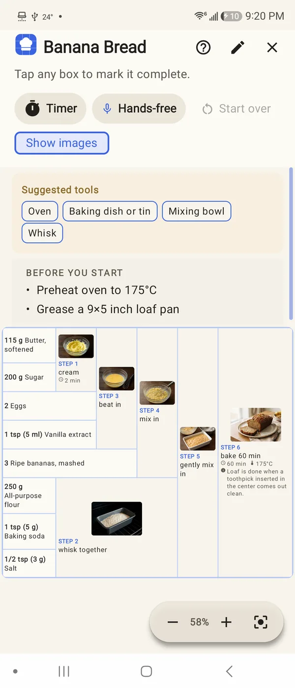 Recipe Grid for banana bread: ingredients on the left flow into six photographed steps, from creaming the butter to the baked loaf