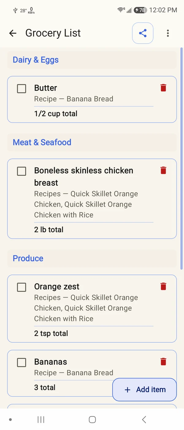 Grocery List showing ingredients and their associated recipes