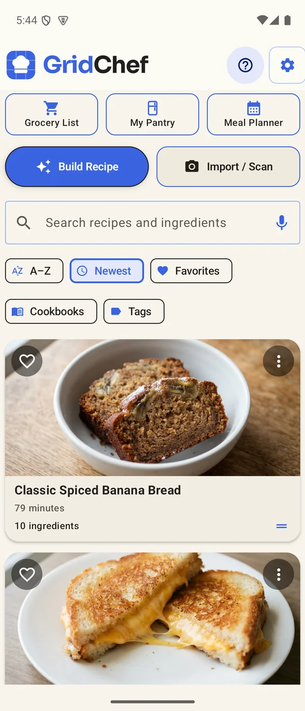 GridChef home with recipe photos, sorting and filters, and kitchen shortcuts