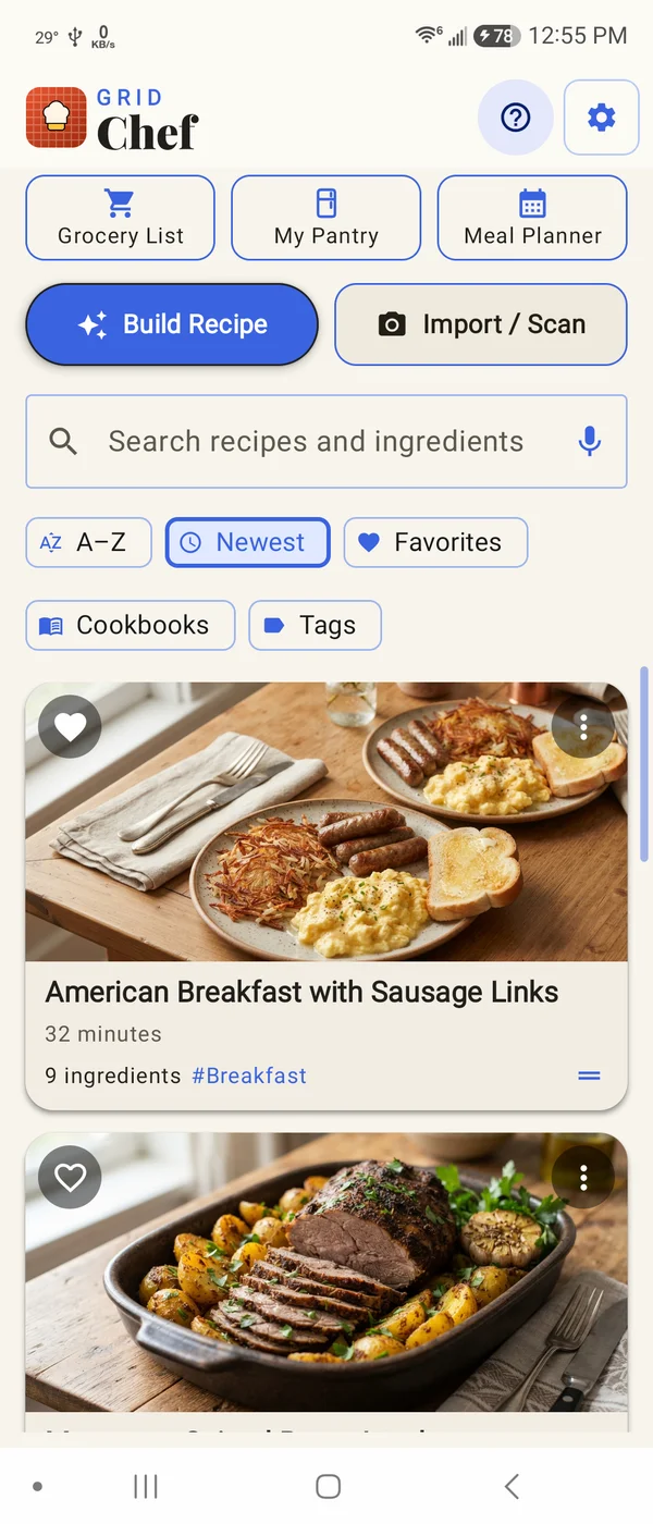 GridChef home with recipes, blue filters, and kitchen shortcuts