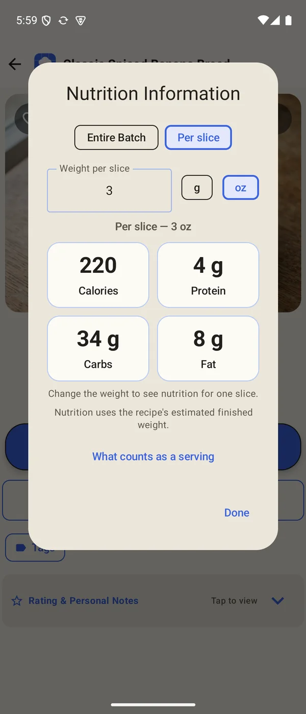 Nutrition information per slice: 220 calories, 4 g protein, 34 g carbs, 8 g fat