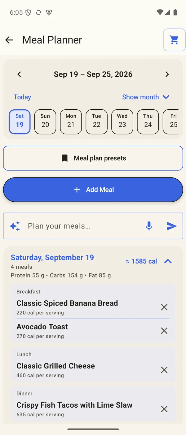 Meal Planner: an Add Meal button under Meal plan presets, and a day with two breakfasts, lunch, and dinner