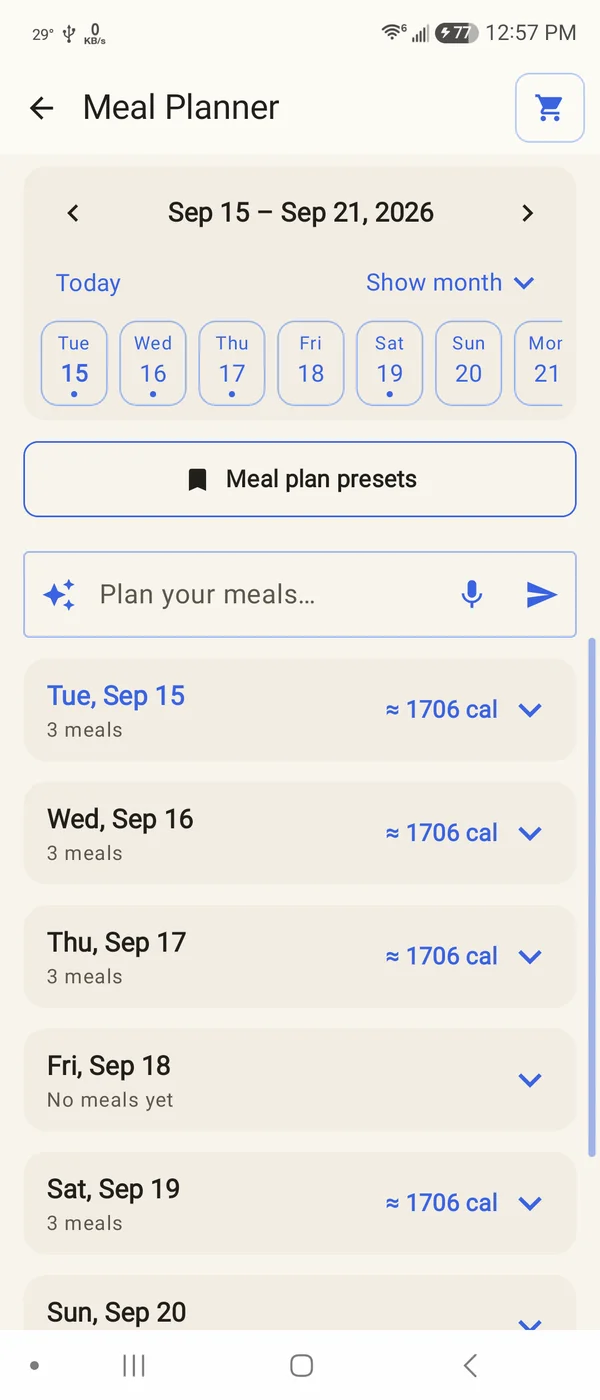 Meal Planner with a week of dates and planned meals