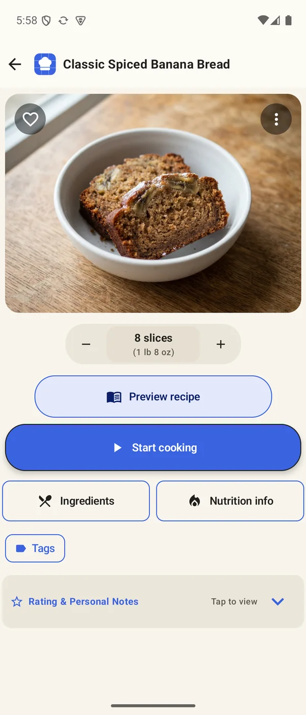 Banana bread recipe page set to 8 slices, with Preview recipe, Start cooking, Ingredients, and Nutrition info
