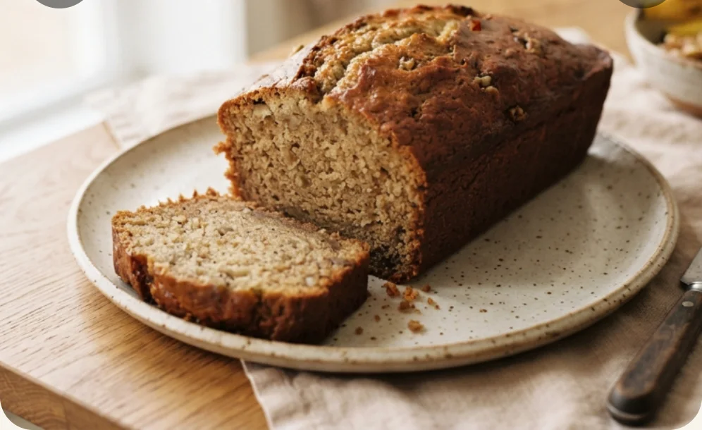 A baked banana bread loaf with two slices cut, on a speckled plate