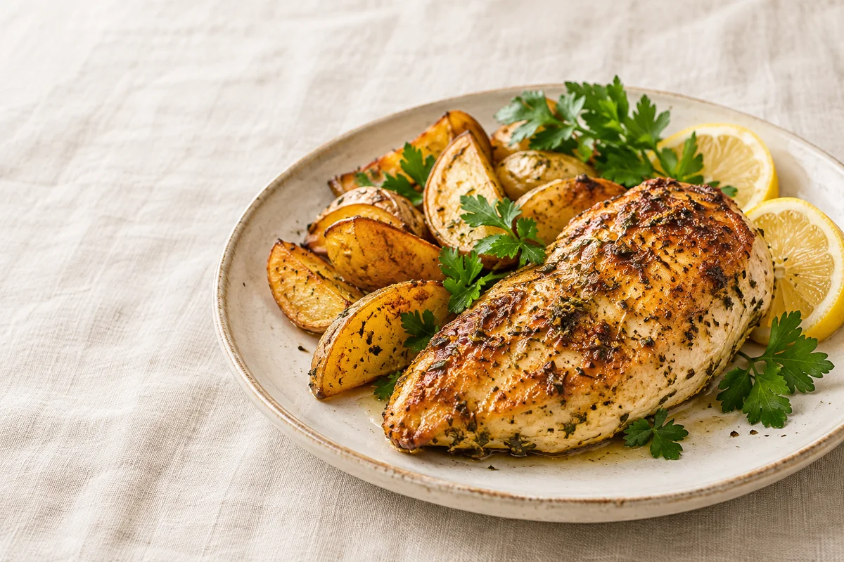 Golden lemon and herb chicken with roasted potatoes